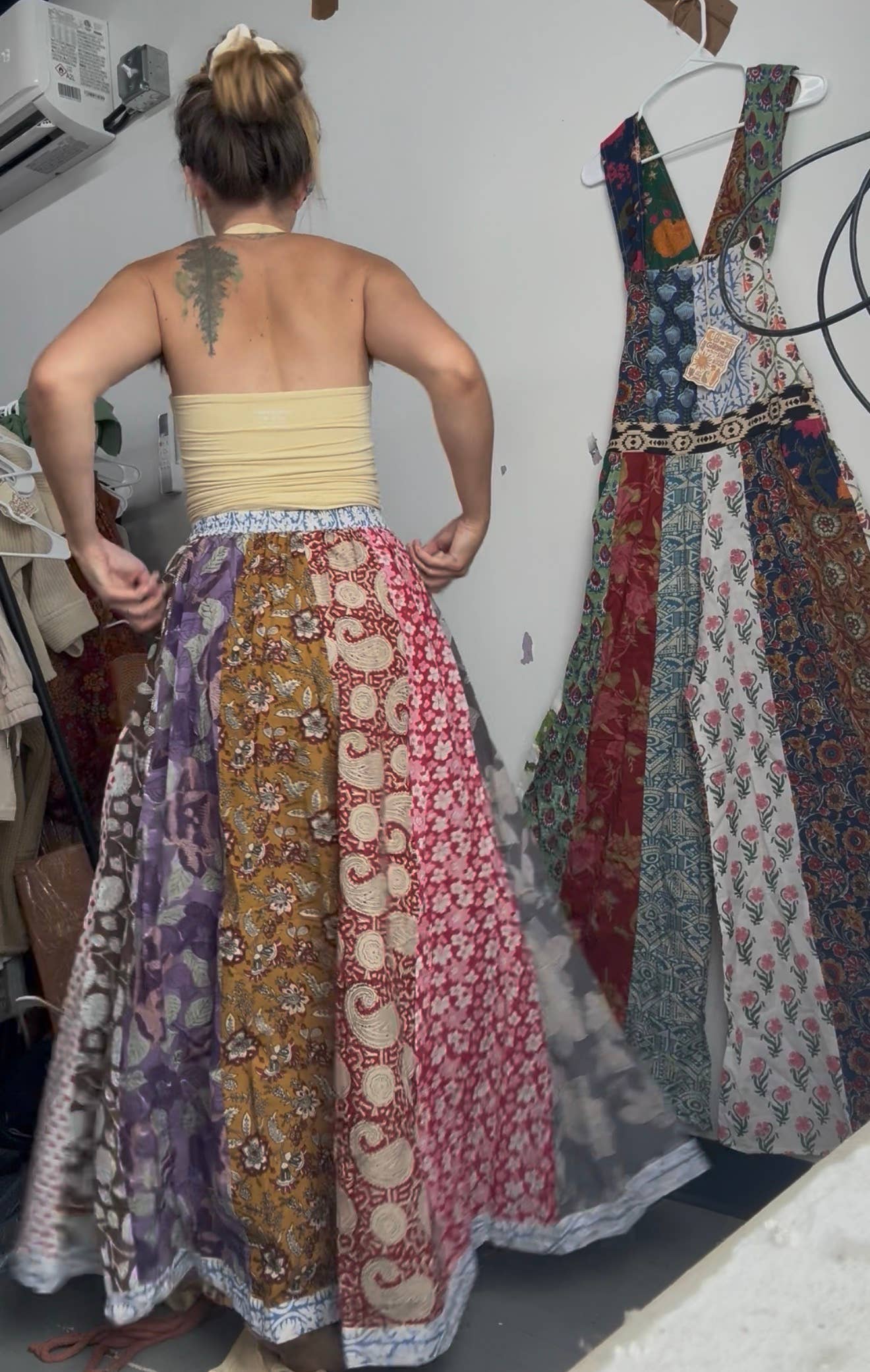 Block Print Cotton Patchwork Skirt, Hippie Boho Pocket Maxi