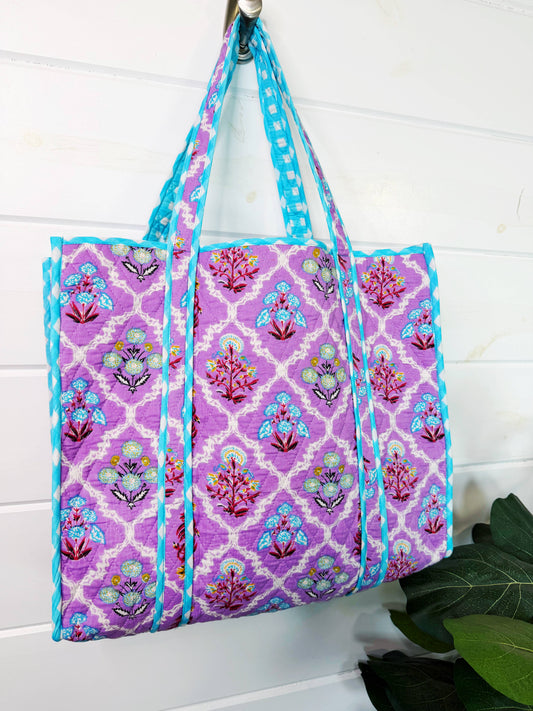 Large Tote Bags | Quilted Travel Tote | Purple Wildflowers