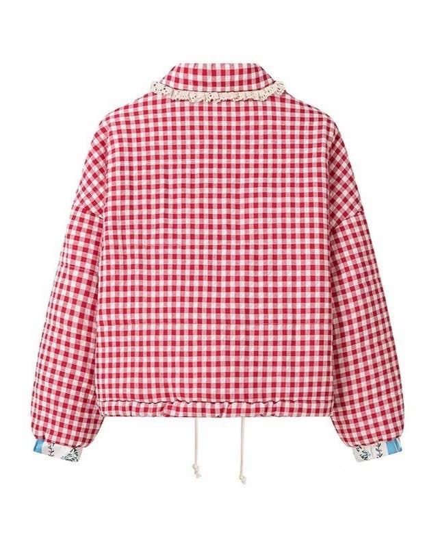 Vintage Gingham Jacket with Heart Pockets and Lace Trim