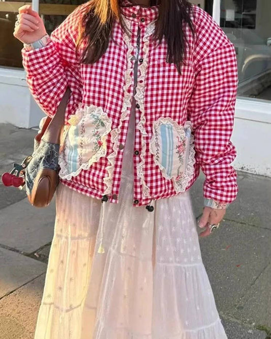 Vintage Gingham Jacket with Heart Pockets and Lace Trim