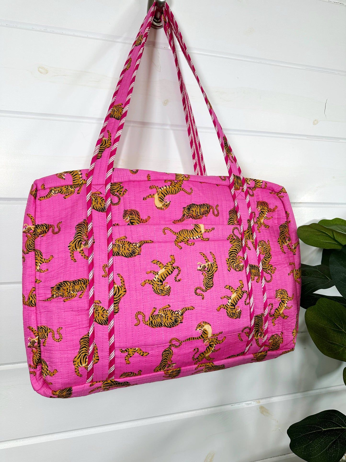 Quilted Duffle Bag | Weekender Travel Bag | Pink Tiger Print