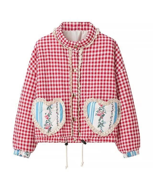 Vintage Gingham Jacket with Heart Pockets and Lace Trim