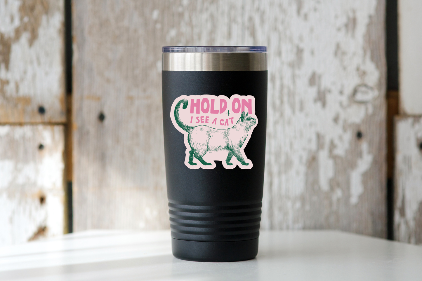 Hold On I See a Cat Sticker - kitten, pet, pink, cute, kitty
