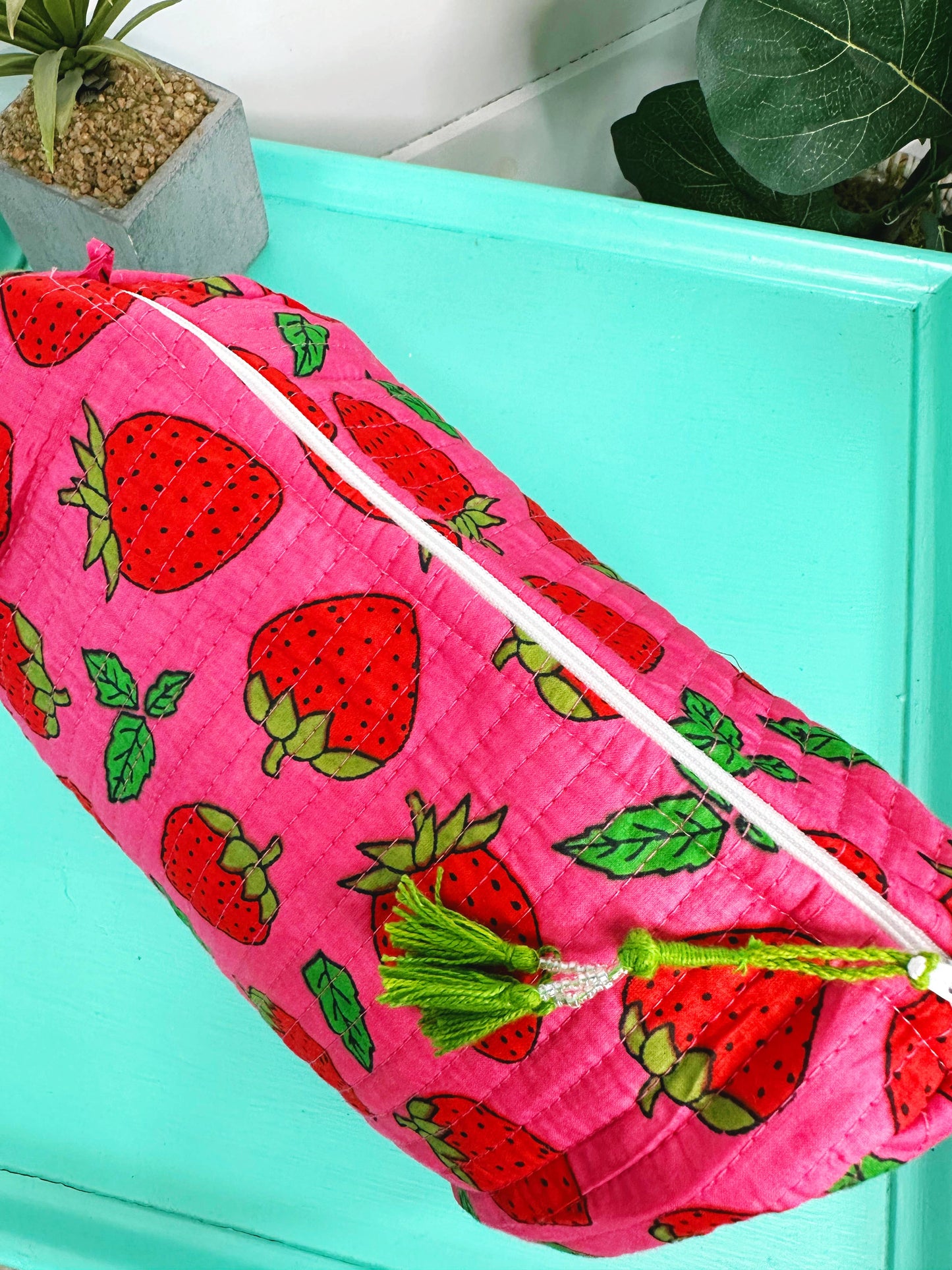 Quilted Makeup Bag | Travel Cosmetic Bag | Strawberry