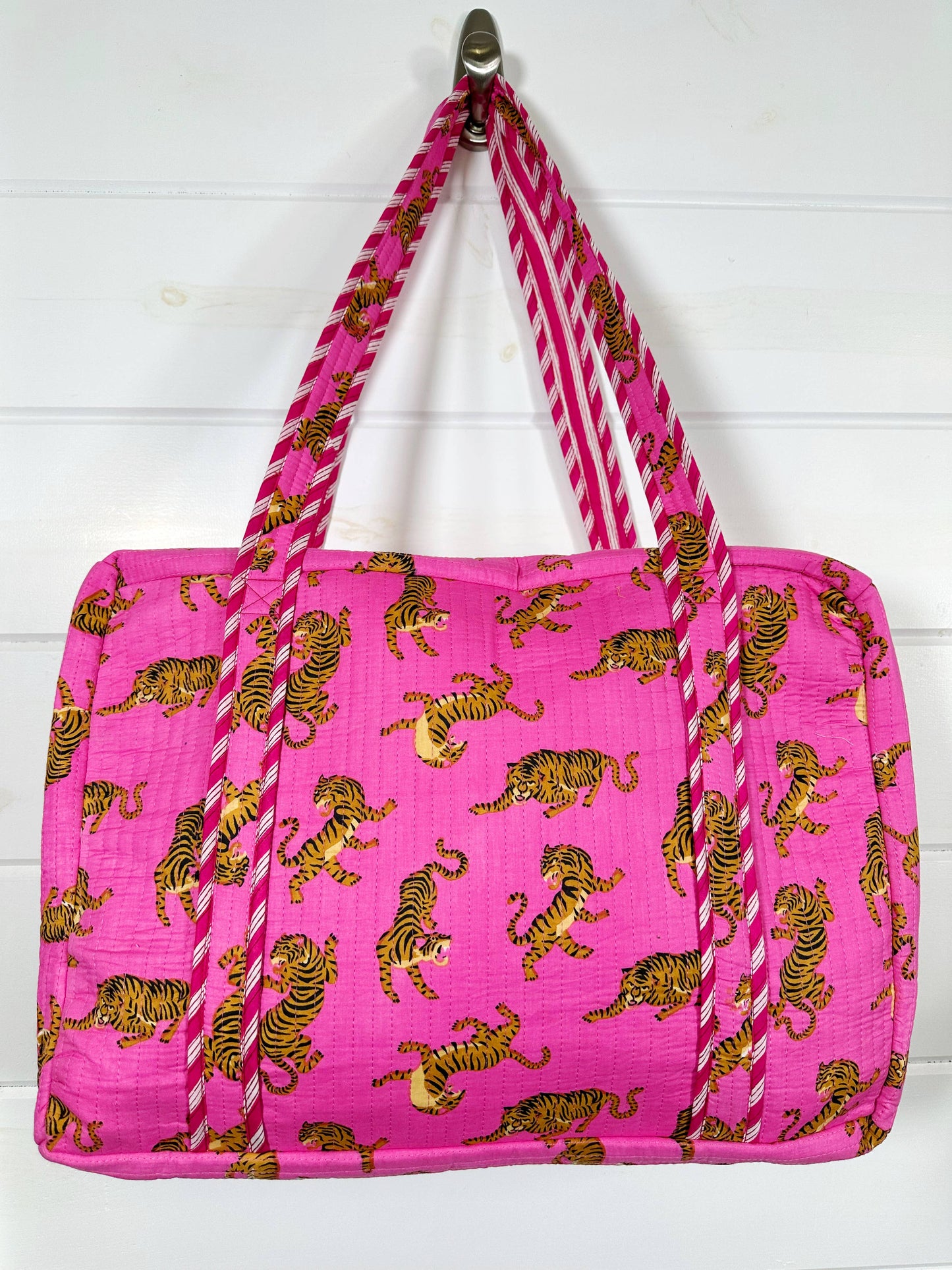 Quilted Duffle Bag | Weekender Travel Bag | Pink Tiger Print