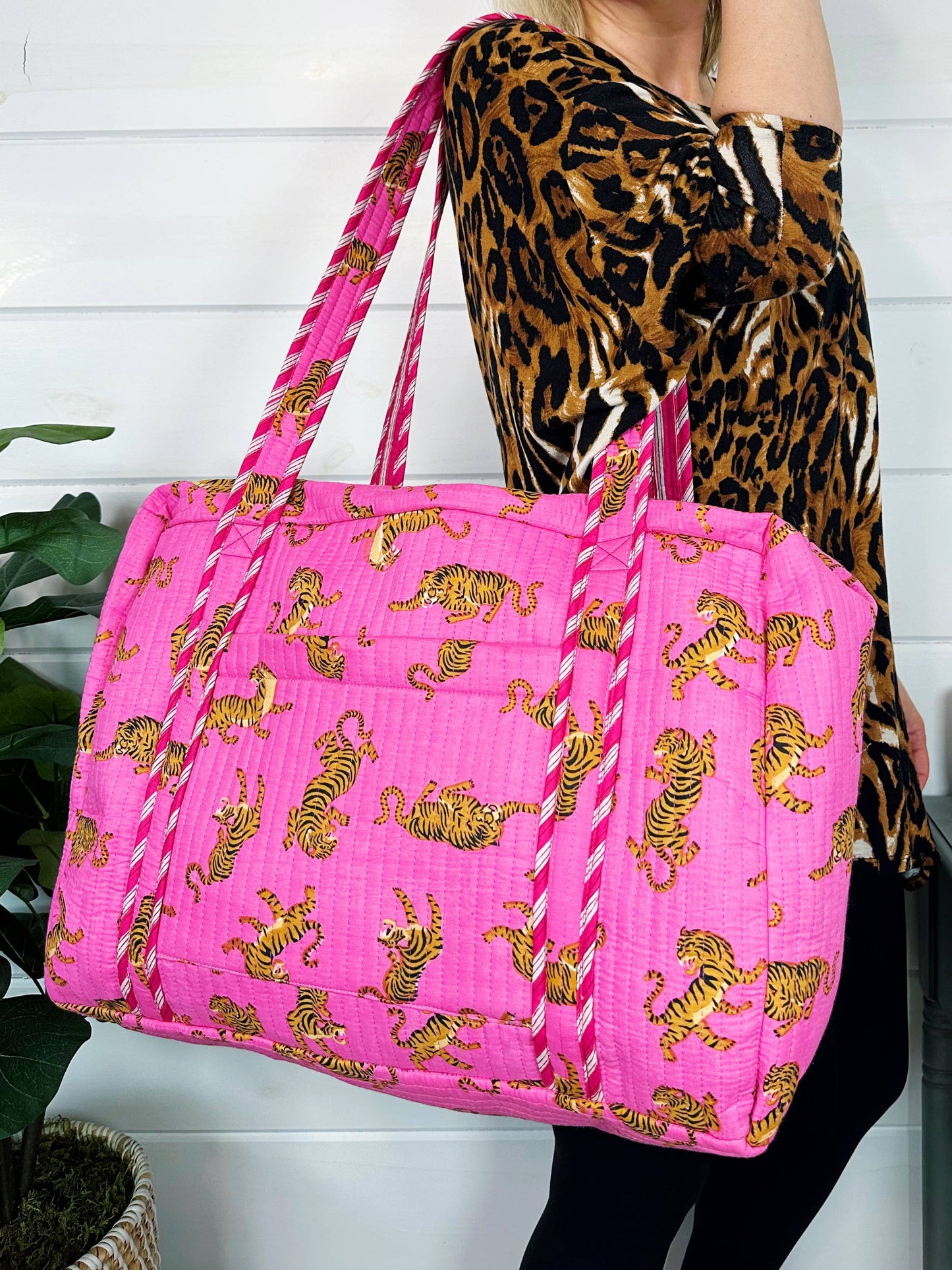 Quilted Duffle Bag | Weekender Travel Bag | Pink Tiger Print