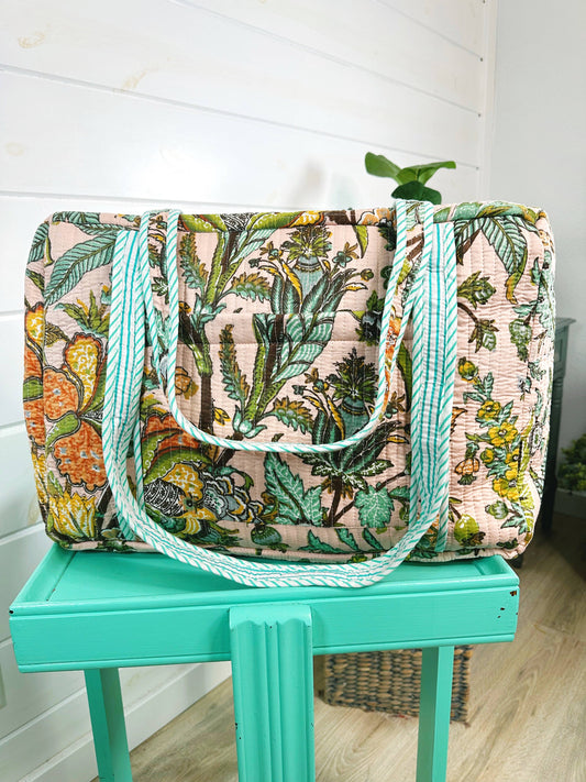 Quilted Duffle Bag | Weekender Overnight Bag | Botanical