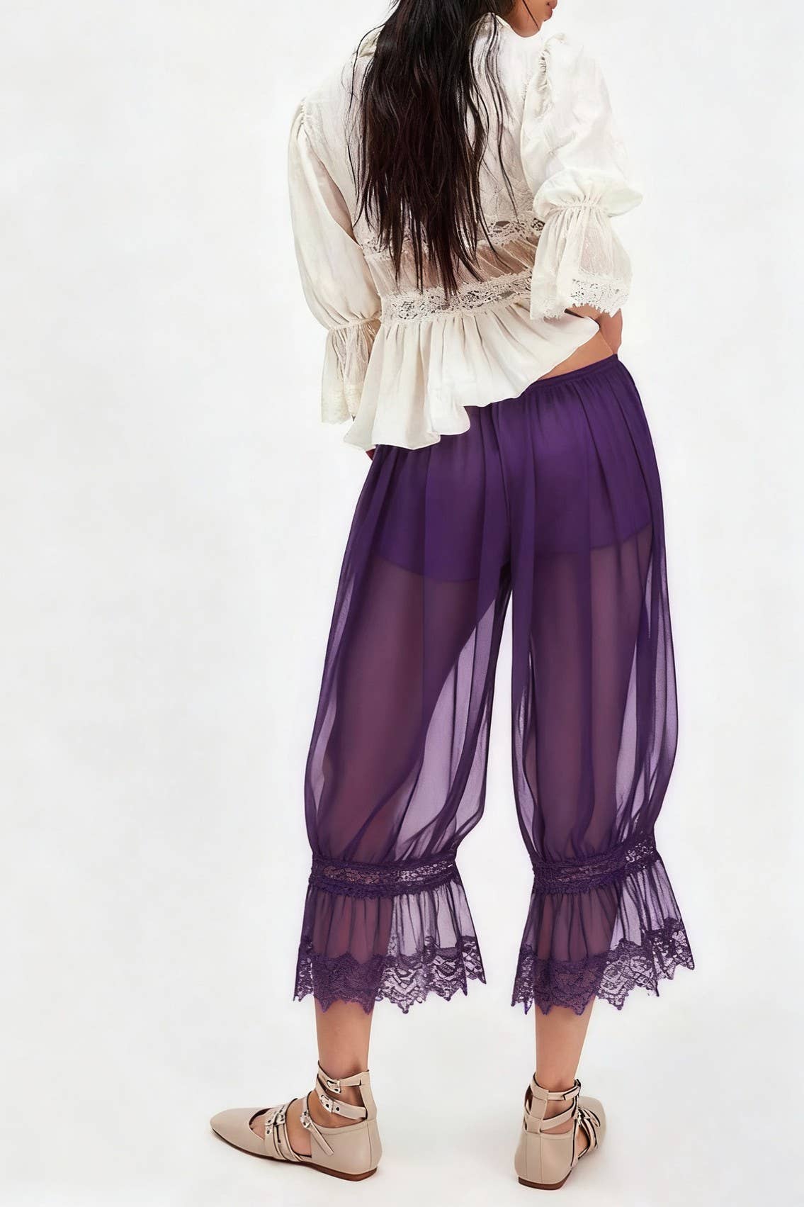 Boho lace trim mesh Bloomer Pants