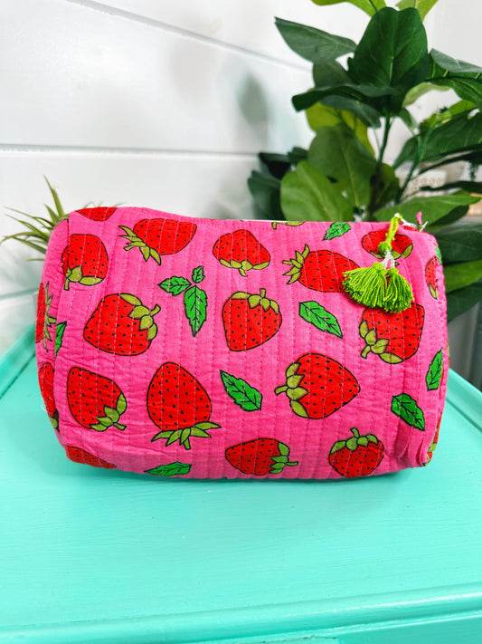Quilted Makeup Bag | Travel Cosmetic Bag | Strawberry