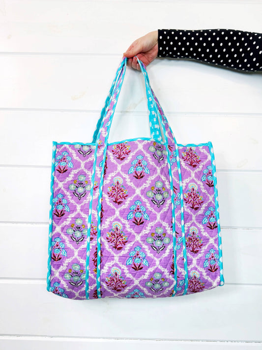 Large Tote Bags | Quilted Travel Tote | Purple Wildflowers