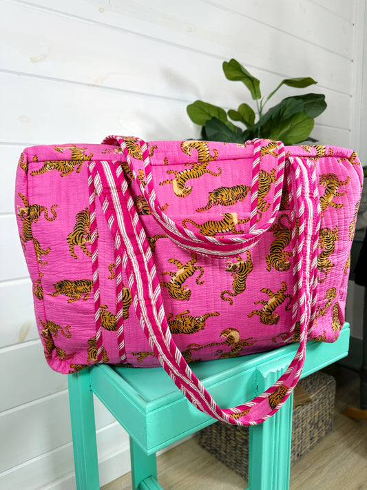 Quilted Duffle Bag | Weekender Travel Bag | Pink Tiger Print