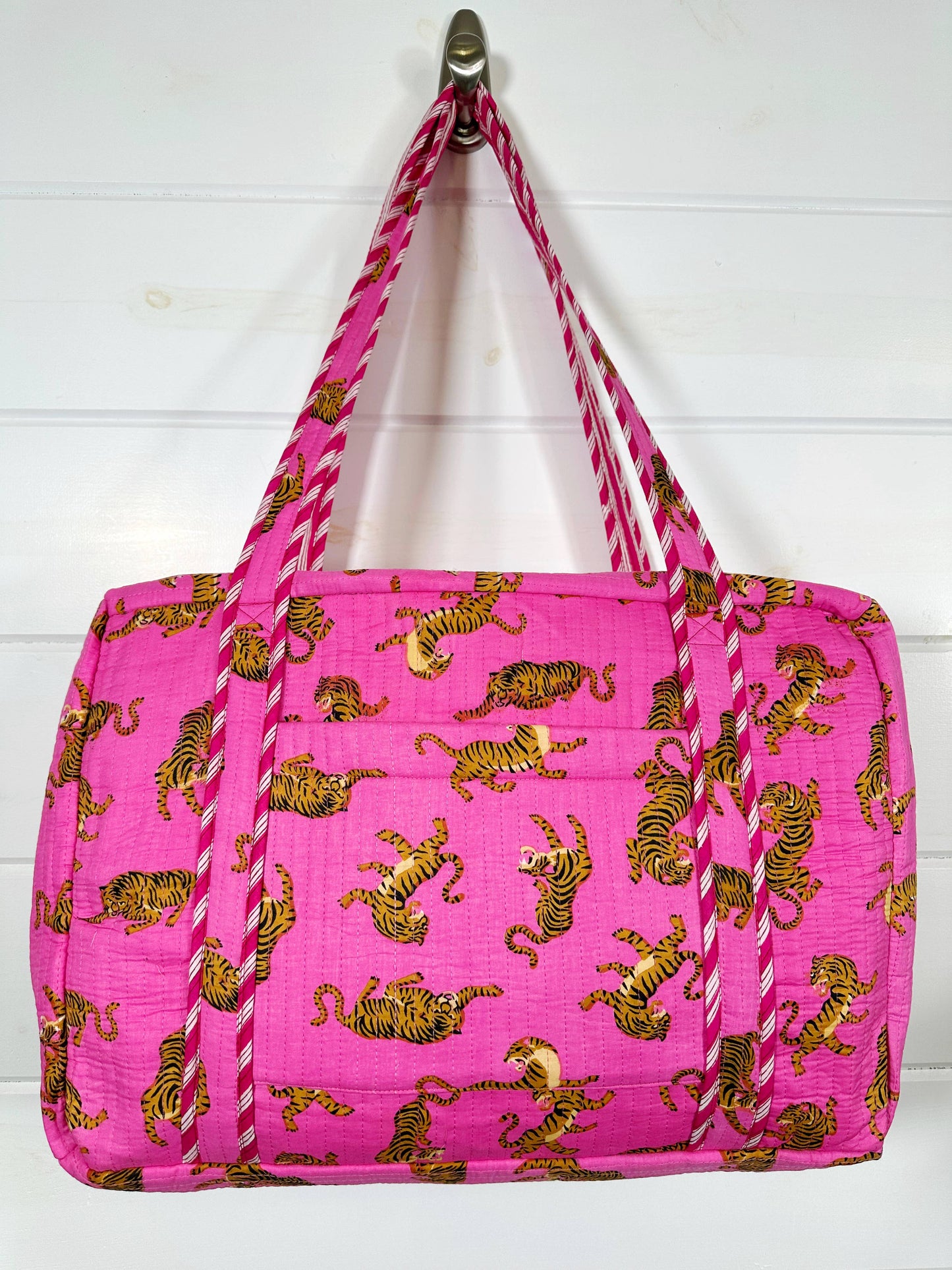 Quilted Duffle Bag | Weekender Travel Bag | Pink Tiger Print