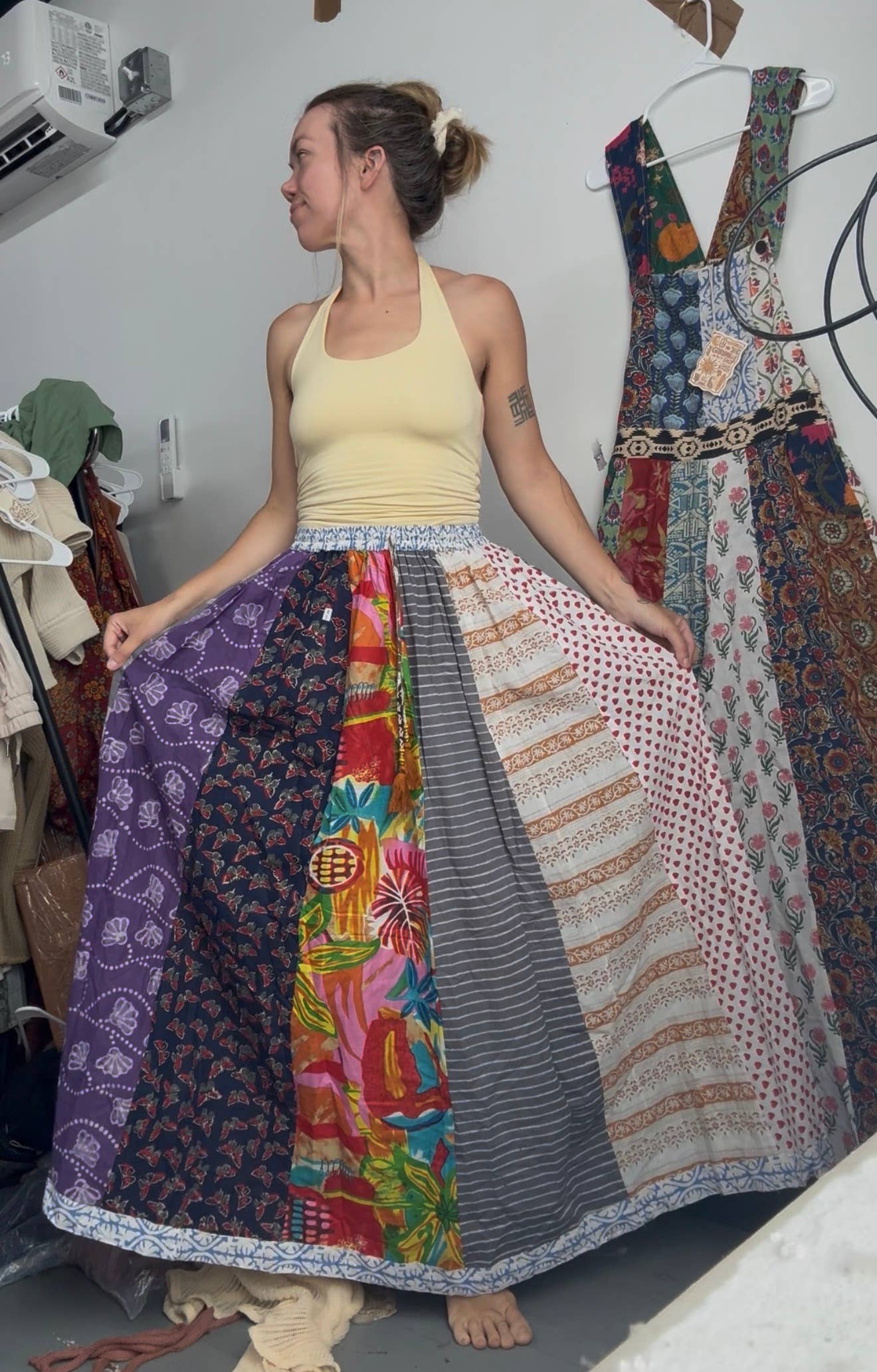 Block Print Cotton Patchwork Skirt, Hippie Boho Pocket Maxi