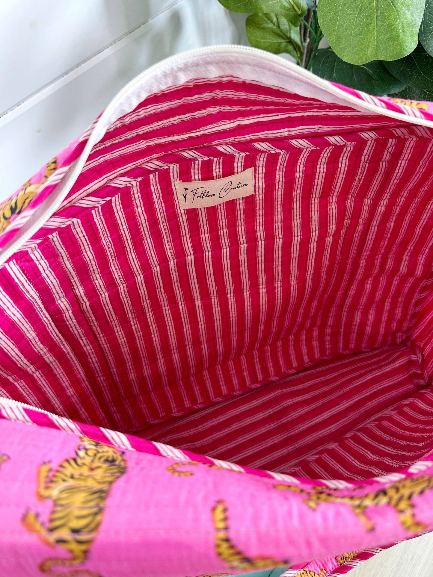 Quilted Duffle Bag | Weekender Travel Bag | Pink Tiger Print
