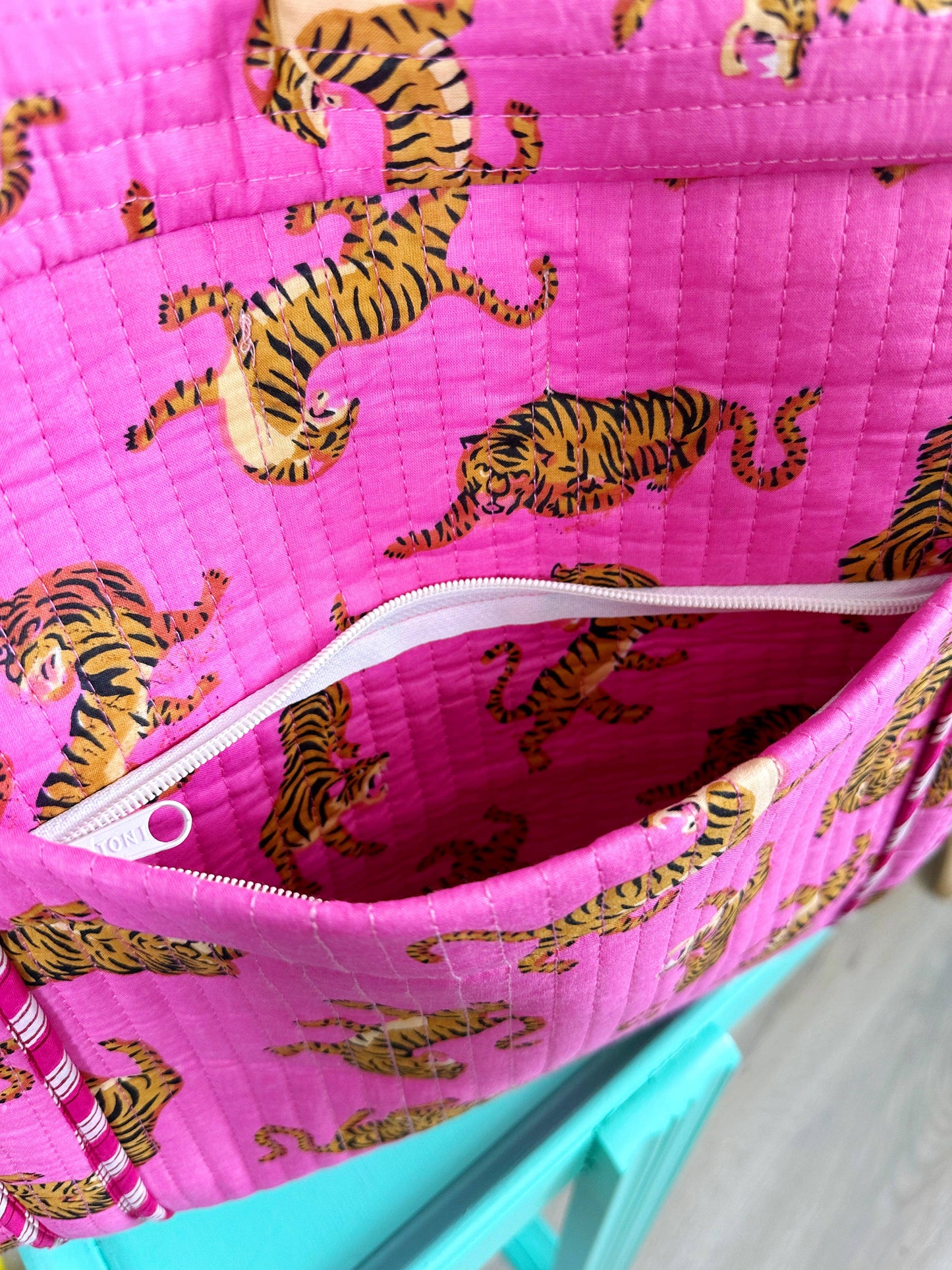 Quilted Duffle Bag | Weekender Travel Bag | Pink Tiger Print